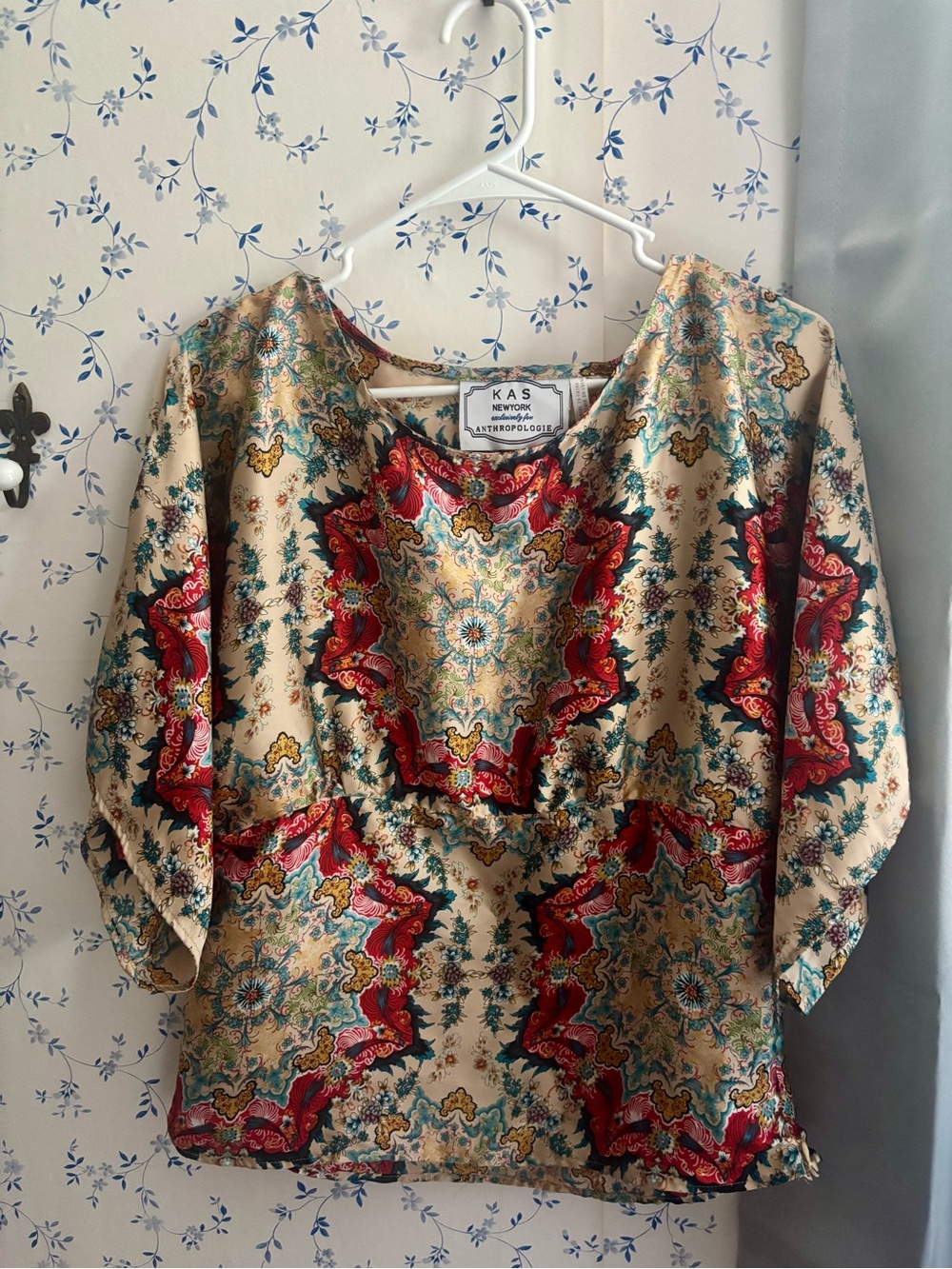 Anthropologie KAS New York Floral Medallion Satin Blouse in Cream and Red